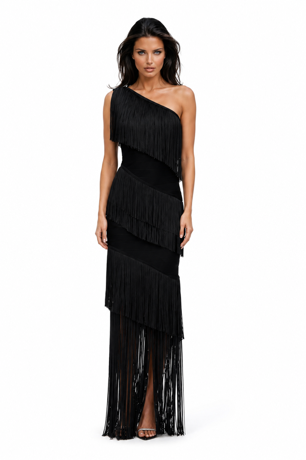 TATIANA Rhythm One-Shoulder Fringe Bandage Gown – Black Asymmetrical Maxi Dress