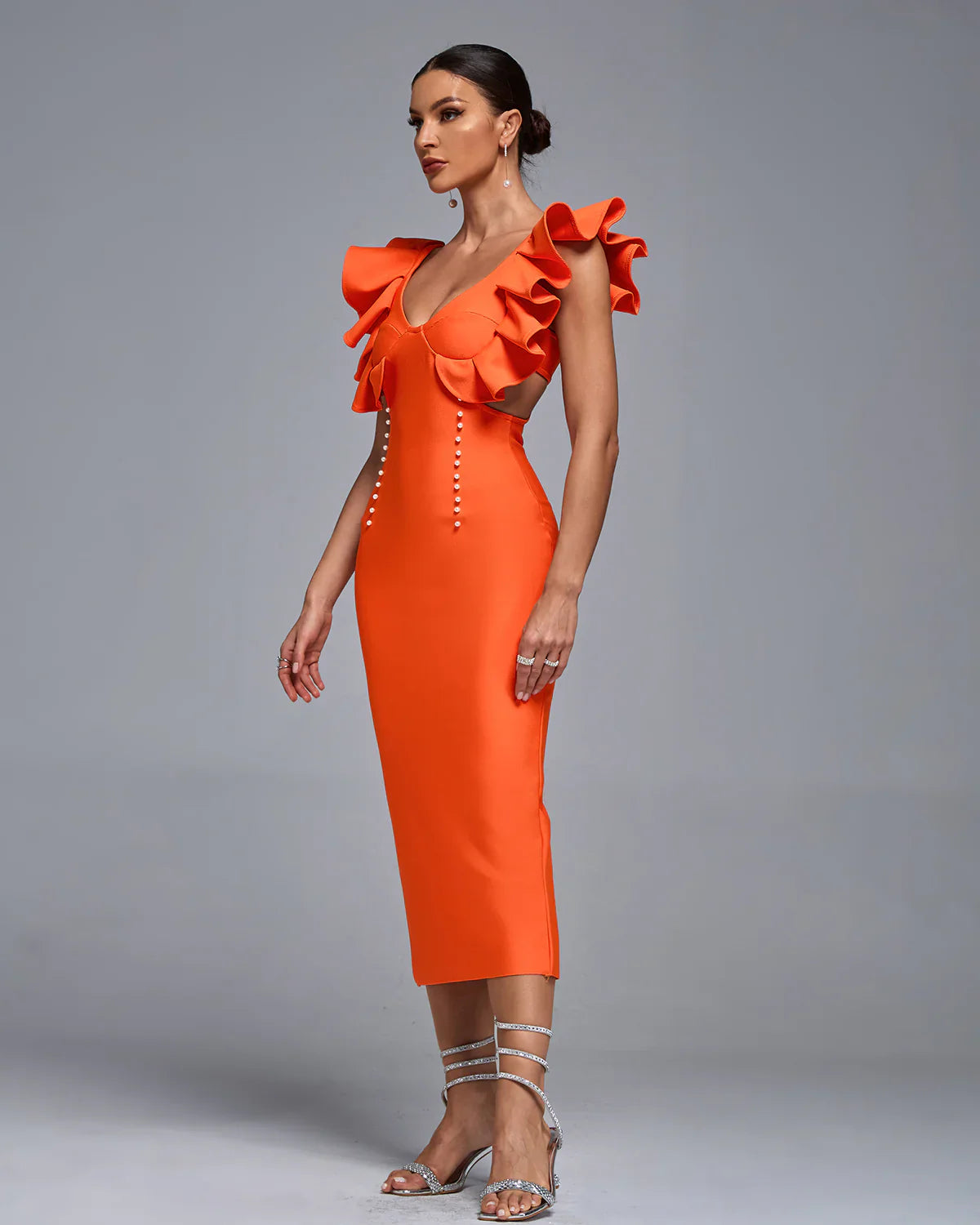 FINULA V Neck Ruffle Pearl Midi Bandage Dress