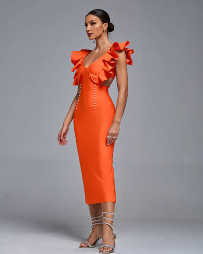 FINULA V Neck Ruffle Pearl Midi Bandage Dress