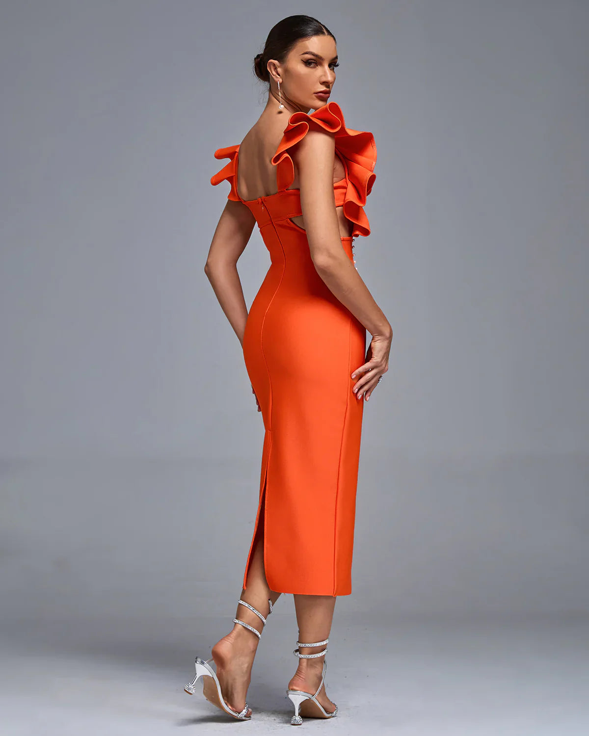 FINULA V Neck Ruffle Pearl Midi Bandage Dress