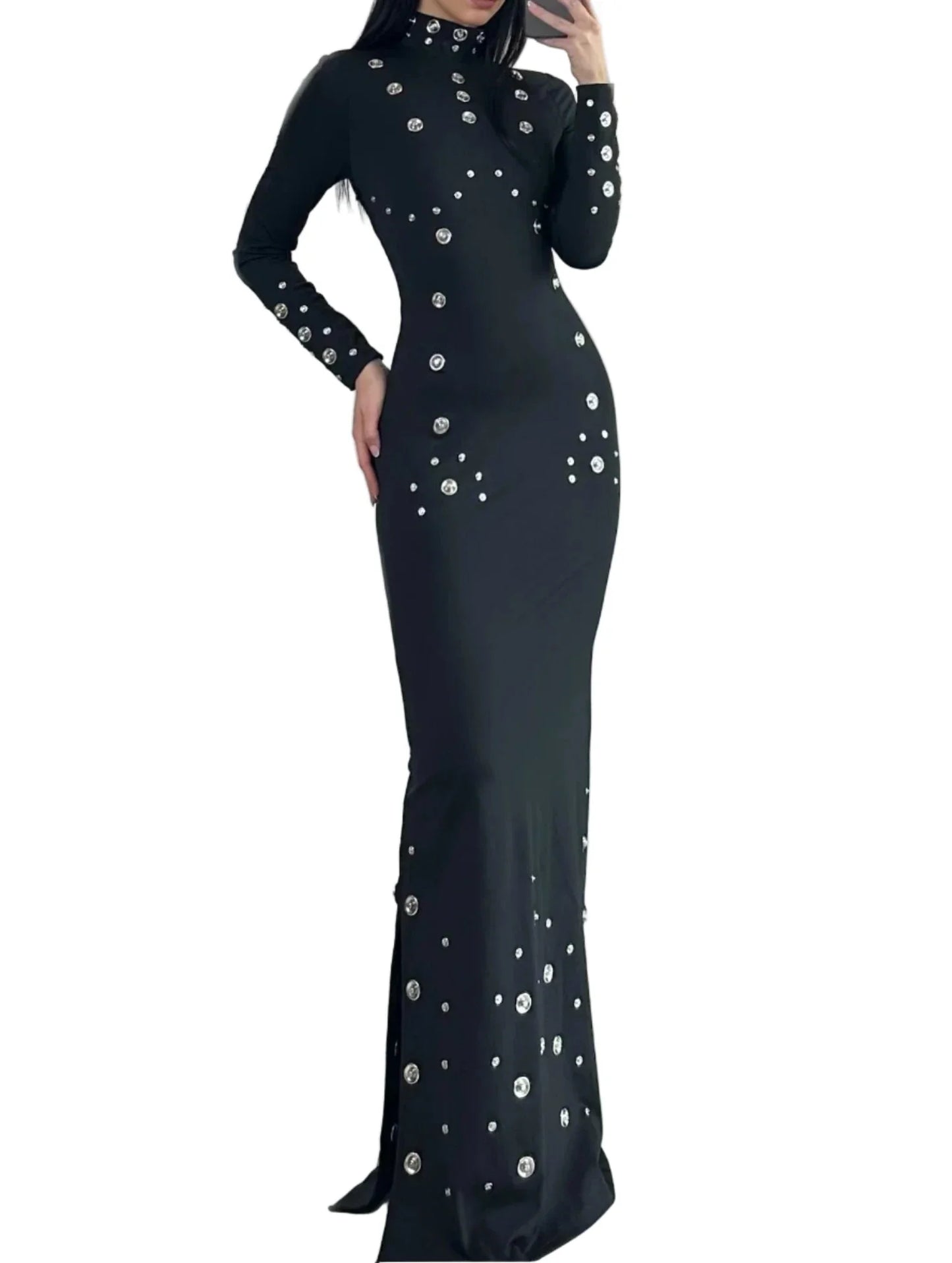 GUIDA Long Sleeve Metal Studs Bodycon Maxi Dress BLACK