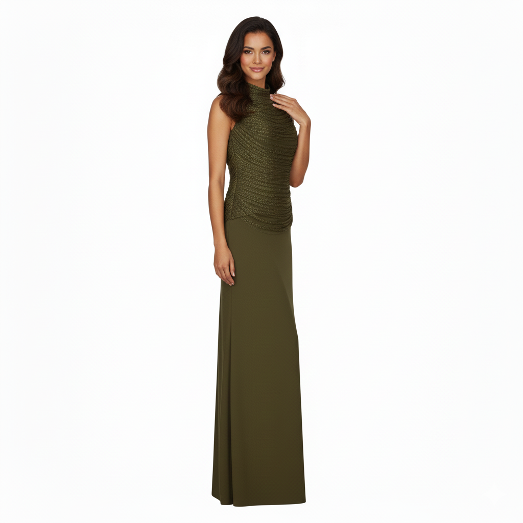 NITA Olive Satin Two-Piece Set with Draped Top