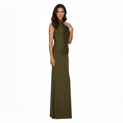 NITA Olive Satin Two-Piece Set with Draped Top