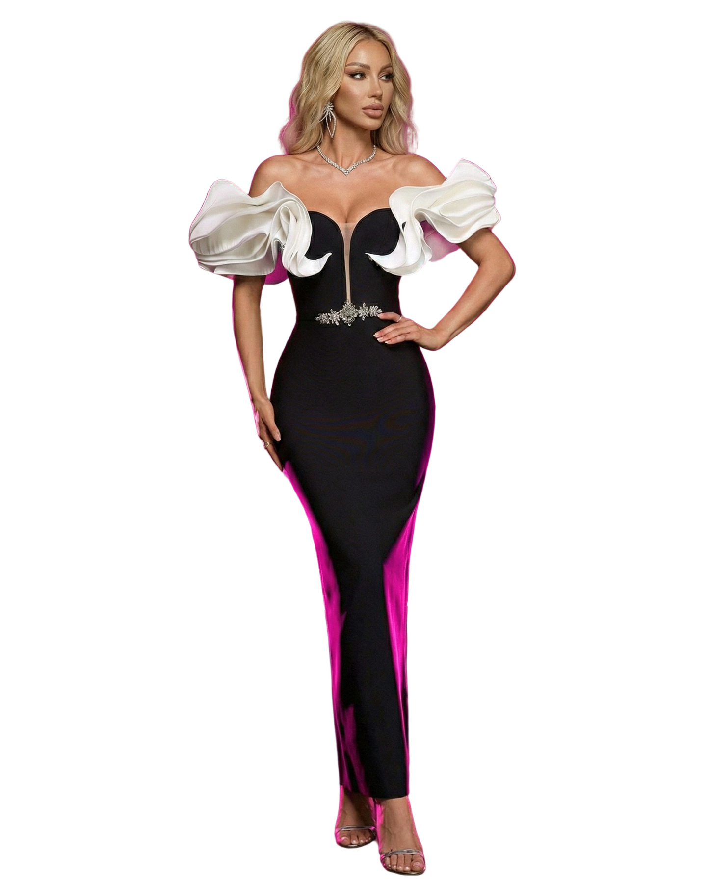 DENISA Ruffled Off Shoulder Crystal Maxi Bandage Dress