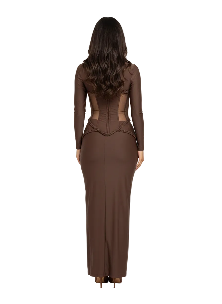 PINKAPPLE DRESSES ELVIS Brown Sheer Corset Maxi Dress