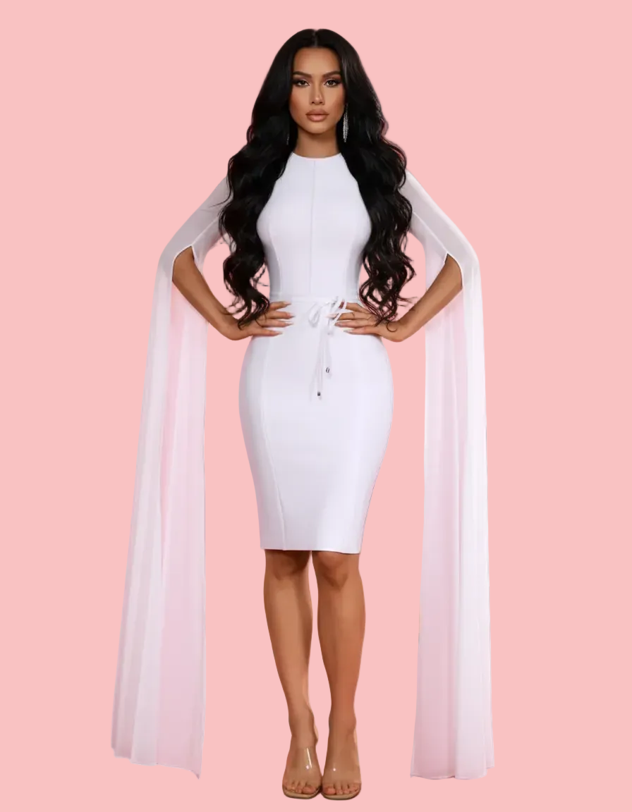 PINKAPPLE DRESSES KYLIE White Midi Dress with Dramatic Cape Sleeves