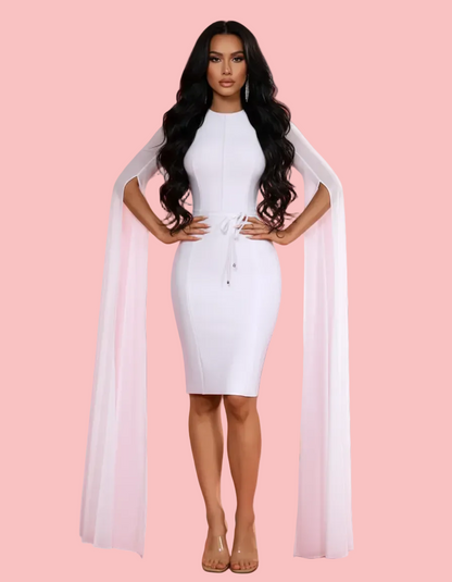 PINKAPPLE DRESSES KYLIE White Midi Dress with Dramatic Cape Sleeves