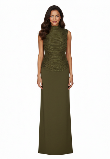 NITA Olive Satin Two-Piece Set with Draped Top
