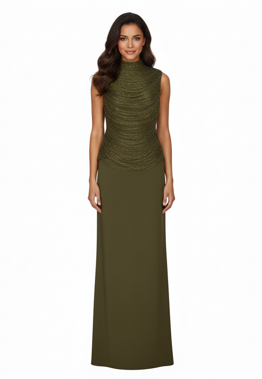 NITA Olive Satin Two-Piece Set with Draped Top