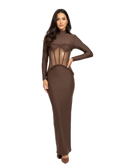 PINKAPPLE DRESSES ELVIS Brown Sheer Corset Maxi Dress