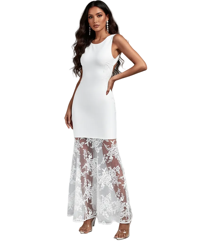 PINKAPPLE DRESSES ADELIE White Midi Dress with Lace Hem Detail