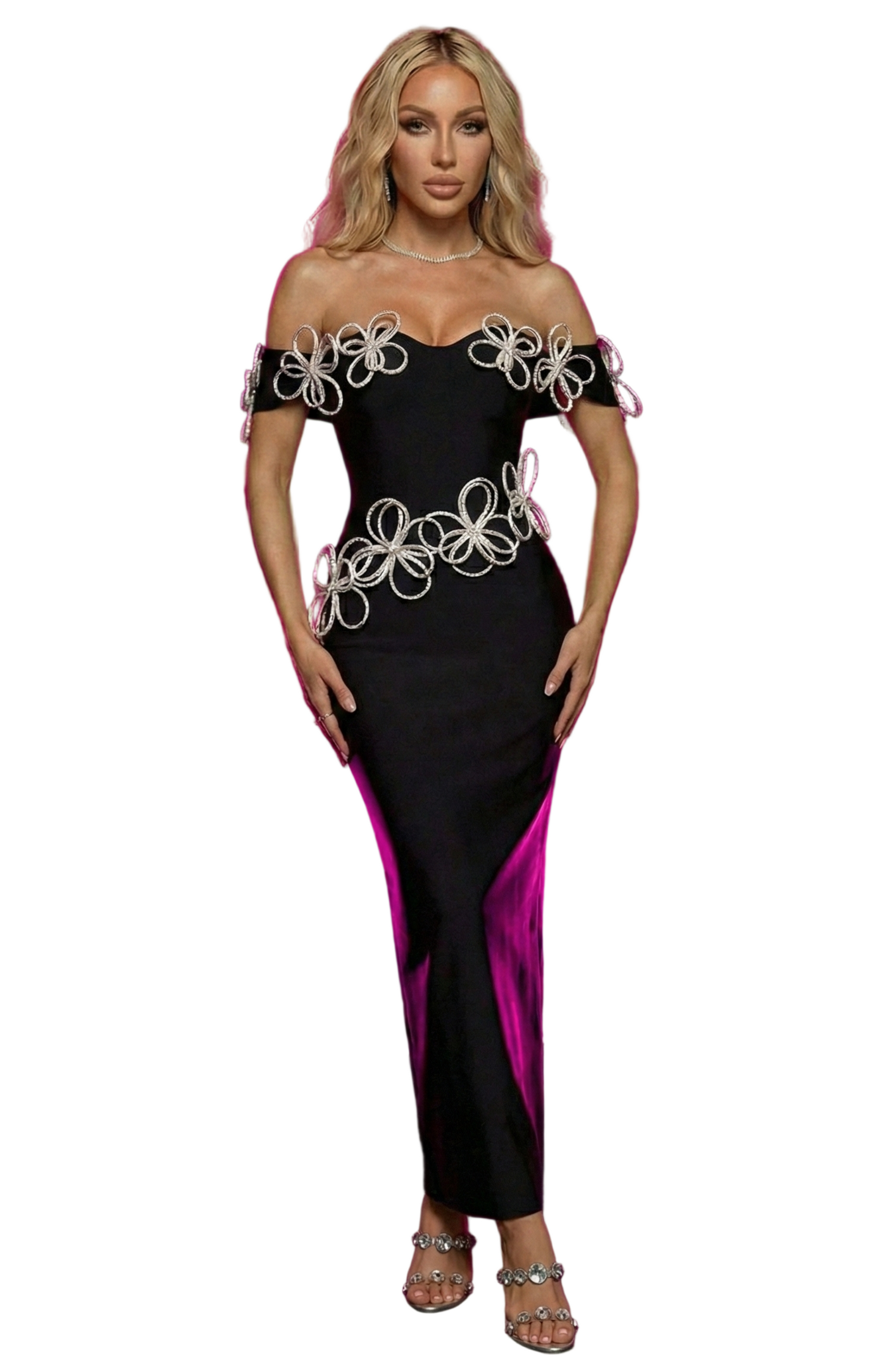EVELINA Big Metal Flowers Maxi Bandage Dress