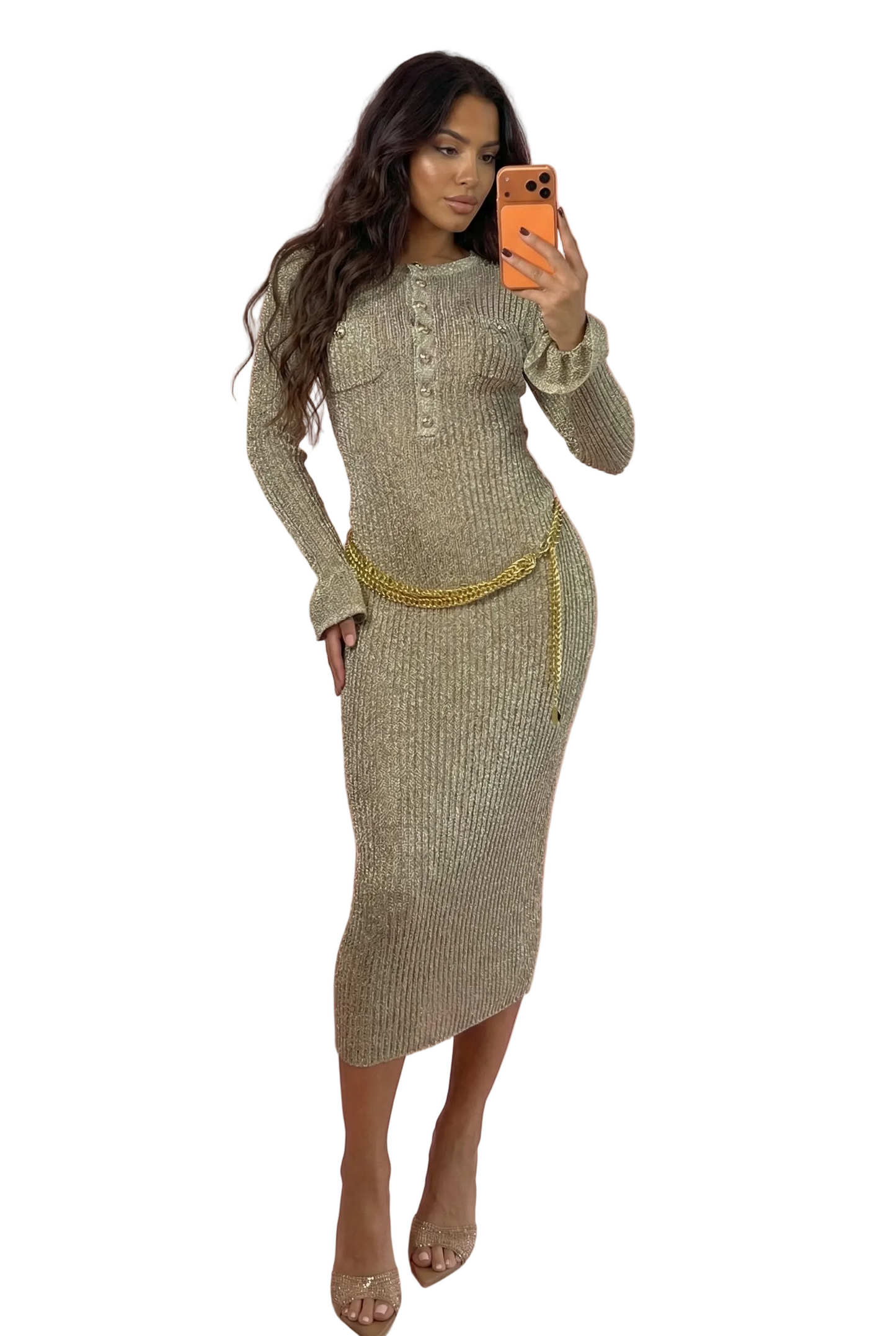 NAZARET Knit Long Sleeve Midi Bodycon Dress GOLD