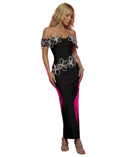 EVELINA Big Metal Flowers Maxi Bandage Dress