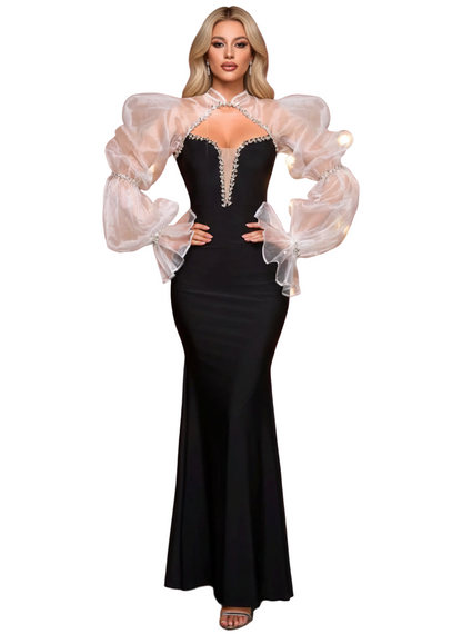 TERRI Crystals Embellished Puff Sleeve Maxi Dress