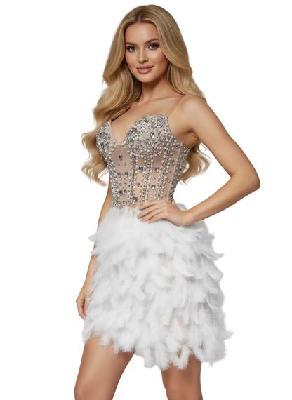 NOX Ivory Crystal Feather Mini Dress