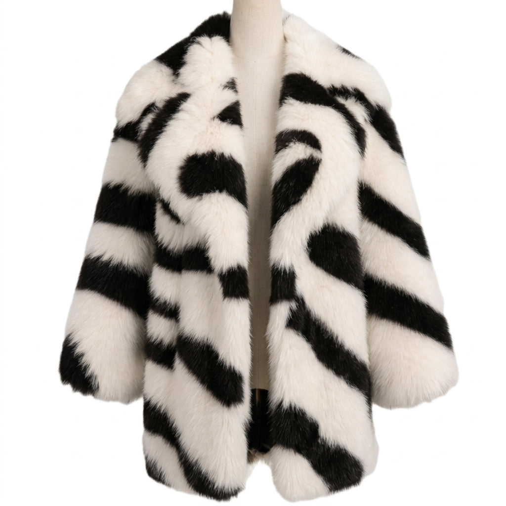 Women Zebra Print Faux Fur Coat | Oversized Fluffy Striped Jacket