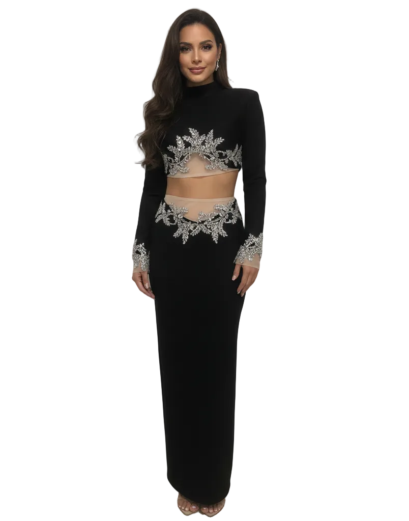 PINKAPPLE DRESSES TYLER Black Bandage Two-Piece Set with Crystal Embroidery