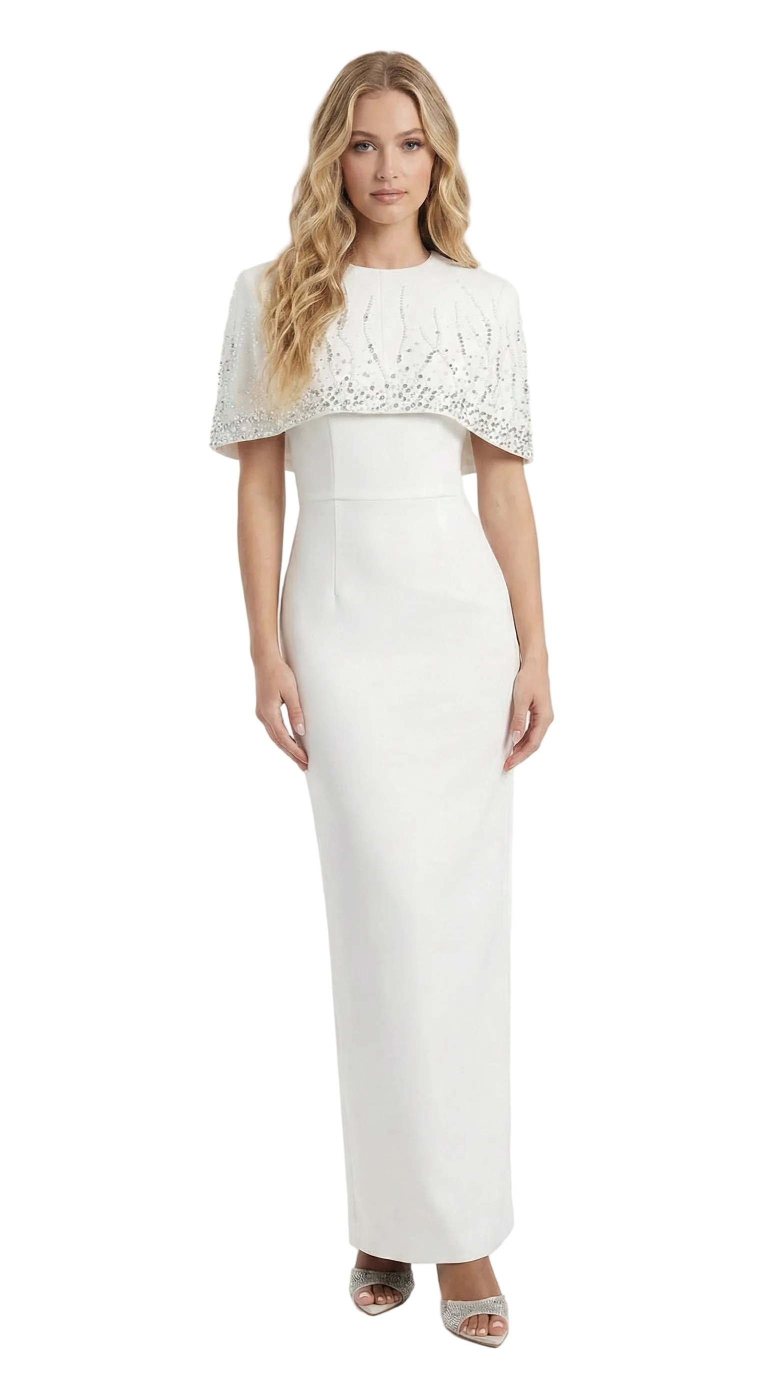 MANDI Luxury White Maxi Dress with Crystal Cape Detail