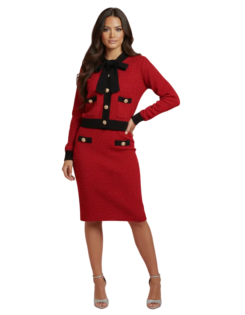 MONTI Tailored Jacket & Skirt Set with Bow Detail RED