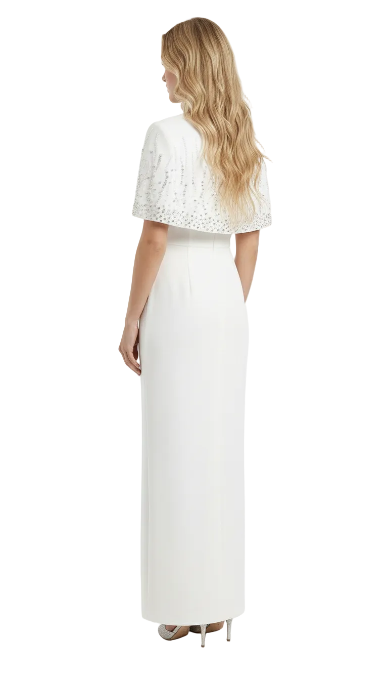 MANDI Luxury White Maxi Dress with Crystal Cape Detail