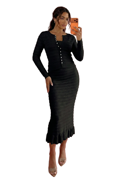 EDNA Knit Top and Cardigan with Midi Skirt Set BLACK