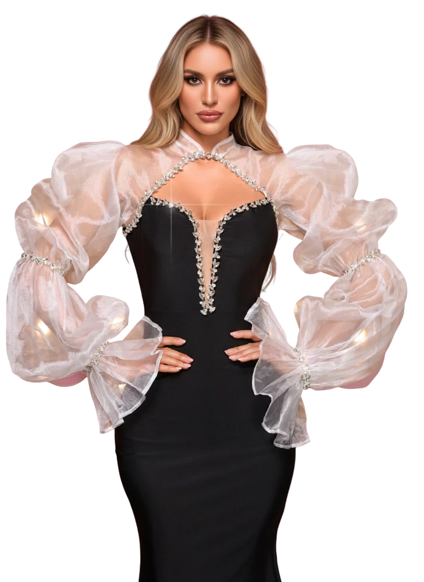 TERRI Crystals Embellished Puff Sleeve Maxi Dress