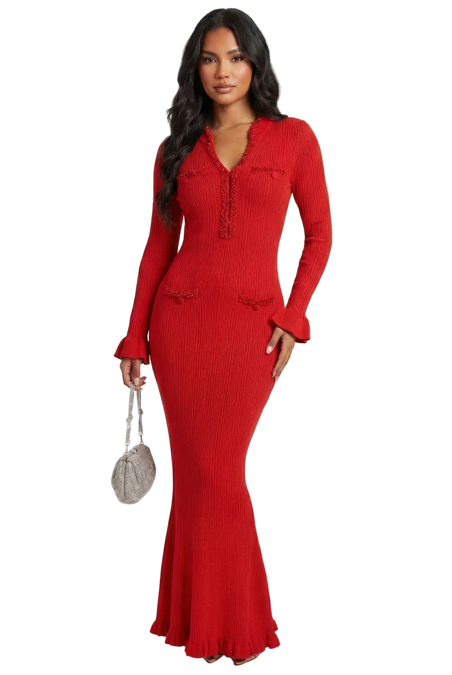 GRISELLE Knit Long Sleeve Crystals Maxi Bodycon Dress RED