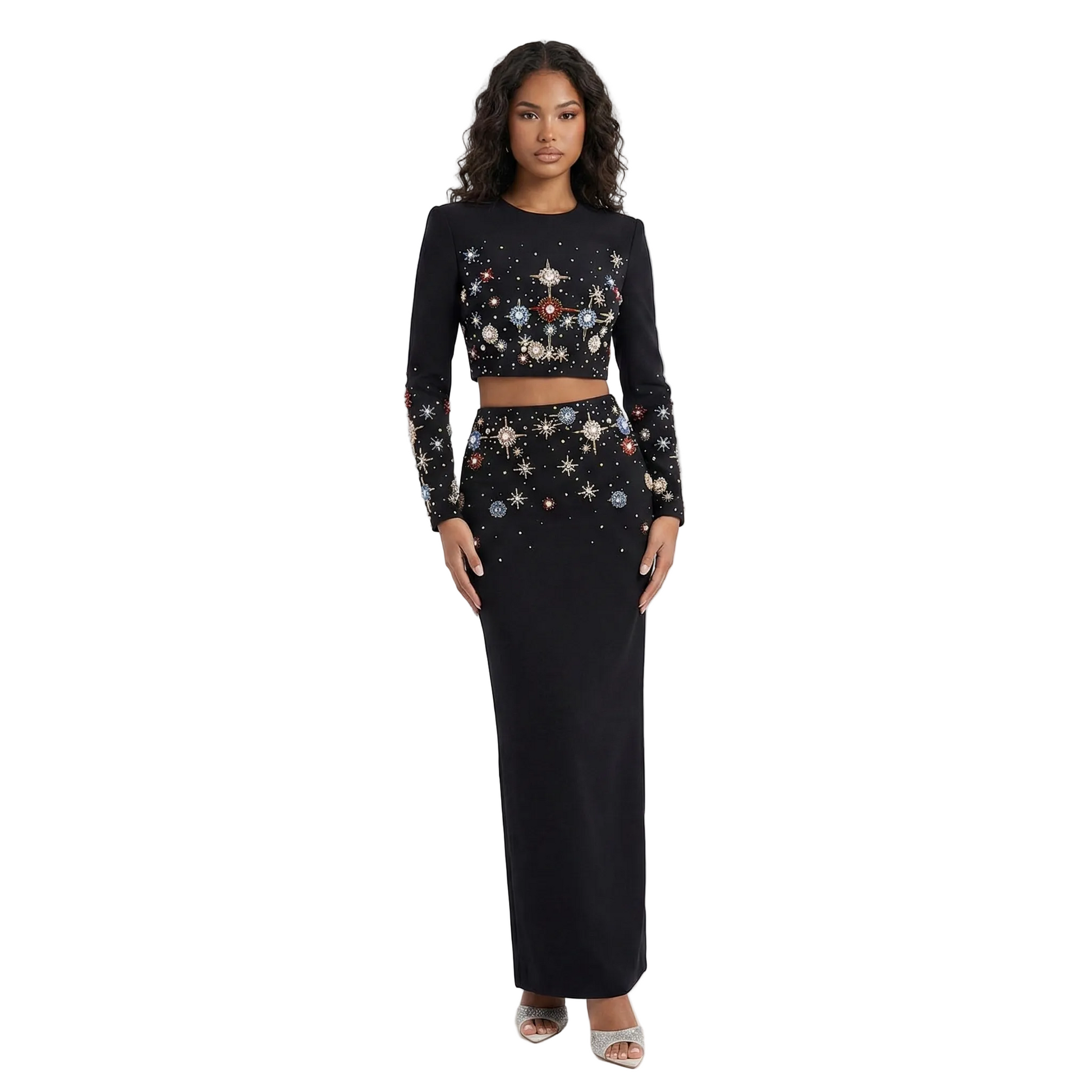 JELLIE Crystals Applique Long Sleeve Maxi Skirt Set BLACK