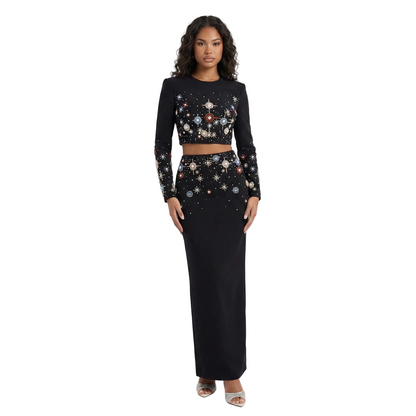 JELLIE Crystals Applique Long Sleeve Maxi Skirt Set BLACK