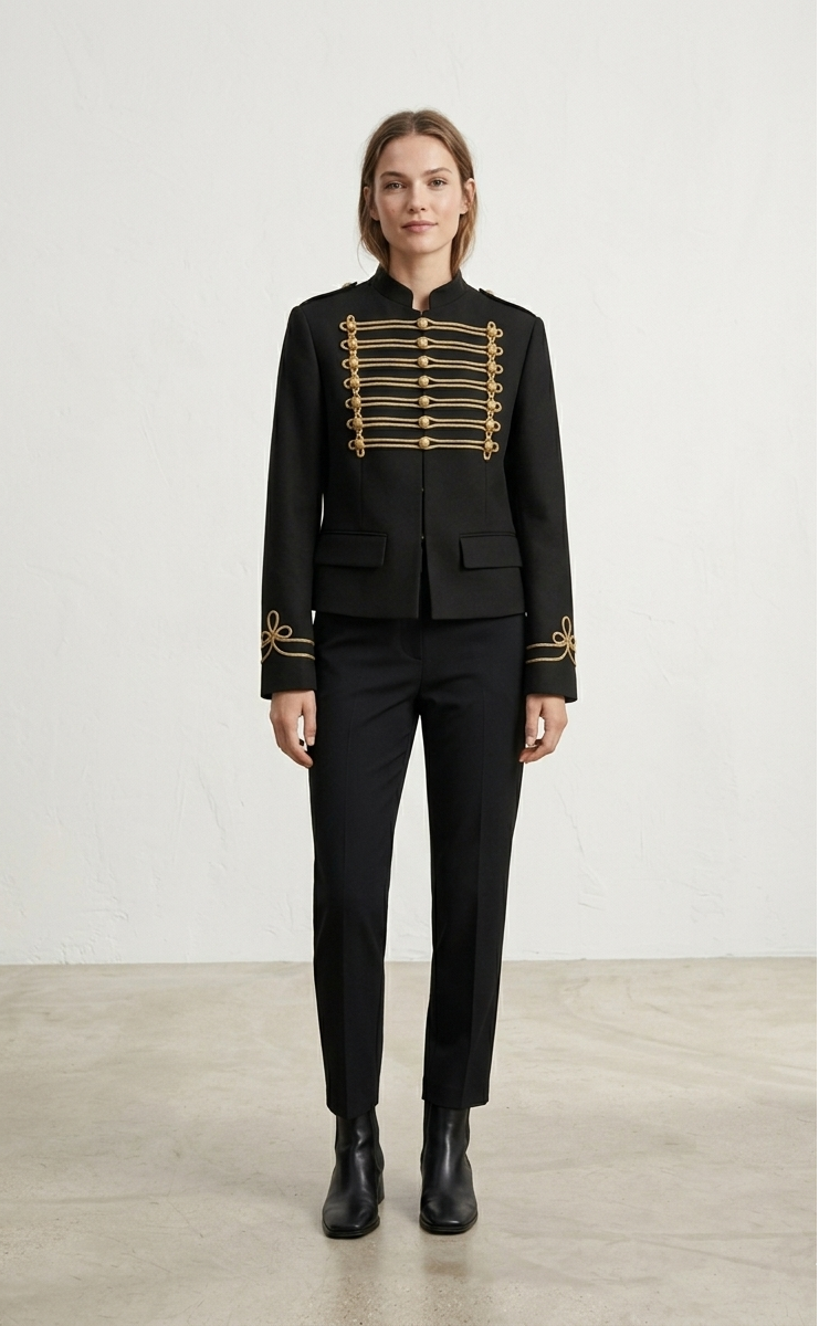 Women Napoleon Jacket | Black Short Jacket | Stand Collar | Pearl Buttons | Cropped Jacket