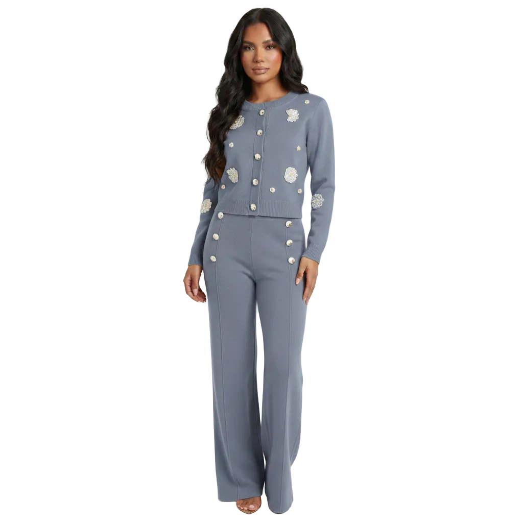 AMORE Knit Cardigan and Pants Two Pieces Set GREY
