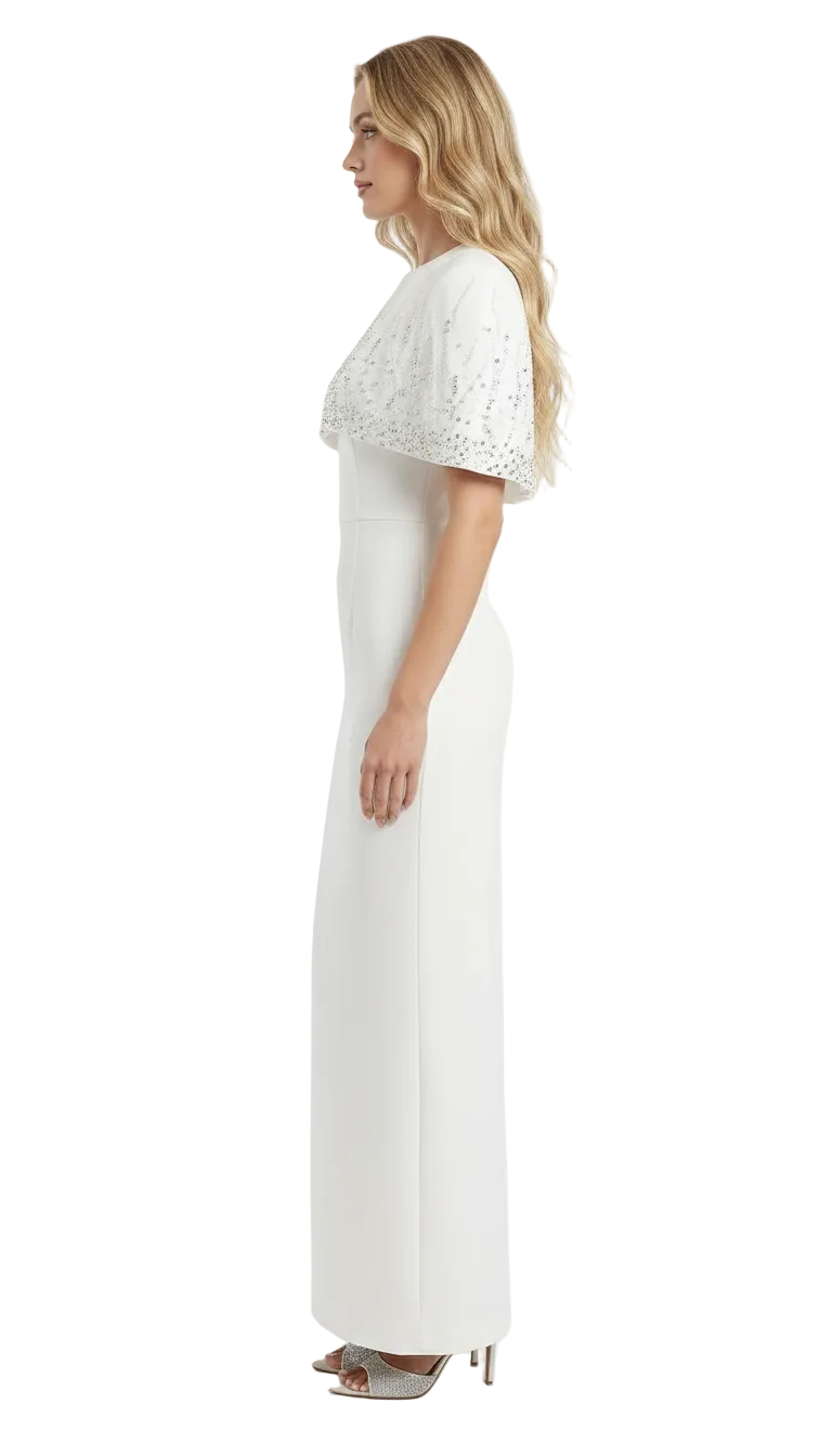 MANDI Luxury White Maxi Dress with Crystal Cape Detail