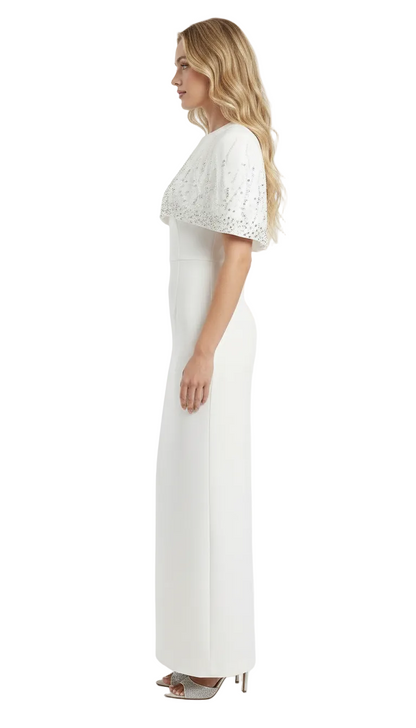 MANDI Luxury White Maxi Dress with Crystal Cape Detail