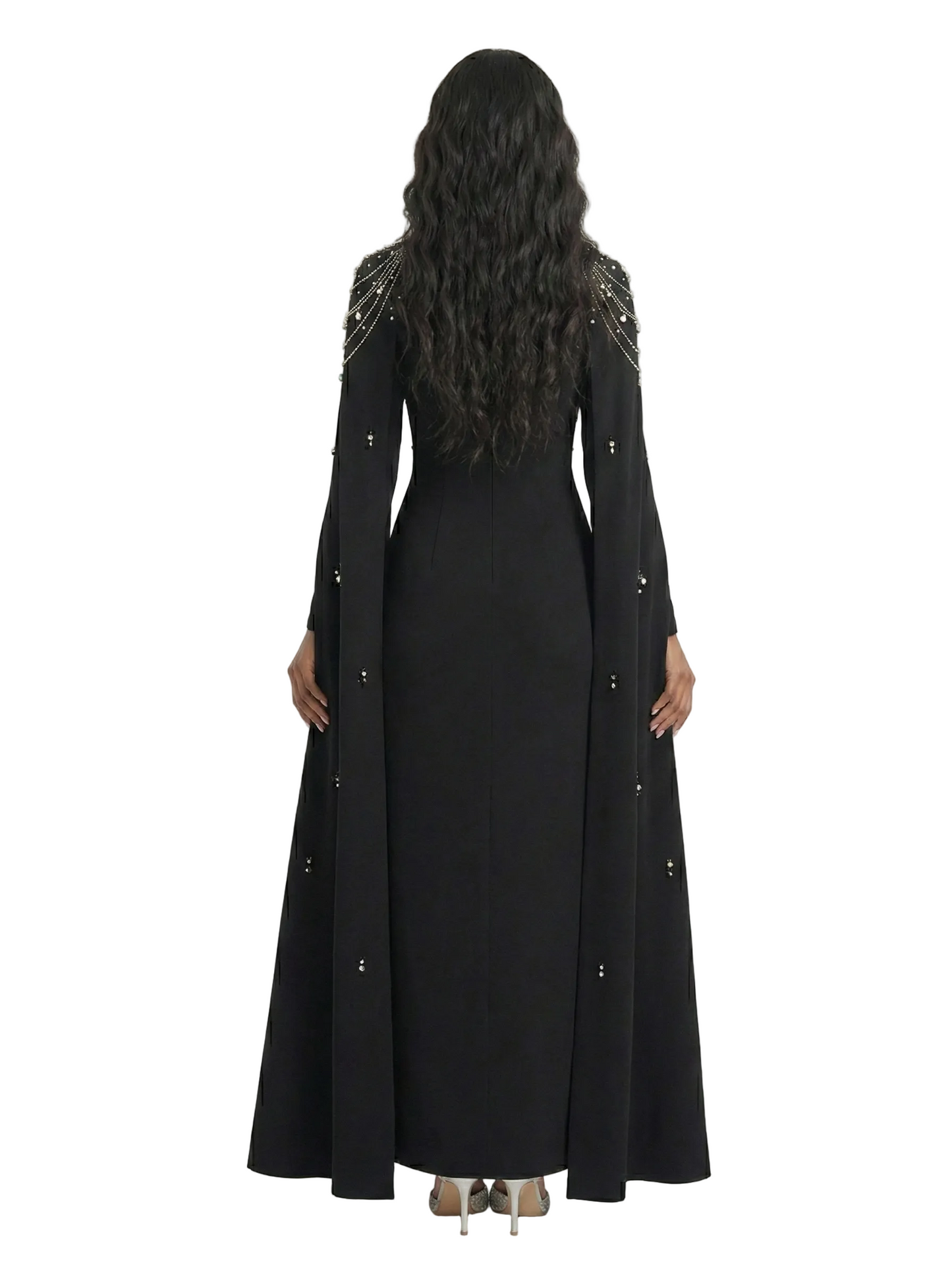 LIKIA Luxury Black Maxi Dress with Crystal Embellishments & Cape