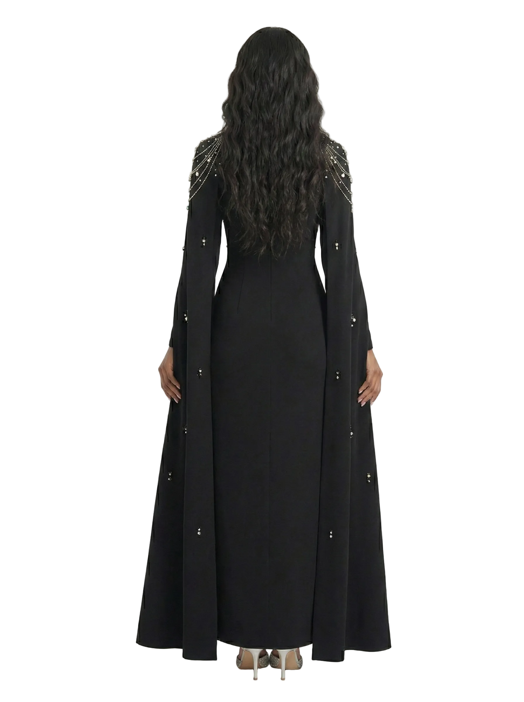 LIKIA Luxury Black Maxi Dress with Crystal Embellishments & Cape