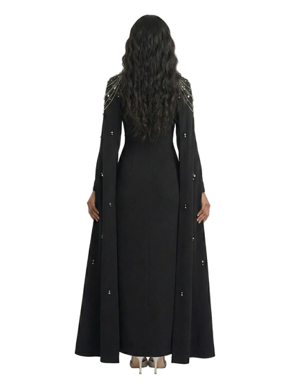 LIKIA Luxury Black Maxi Dress with Crystal Embellishments & Cape