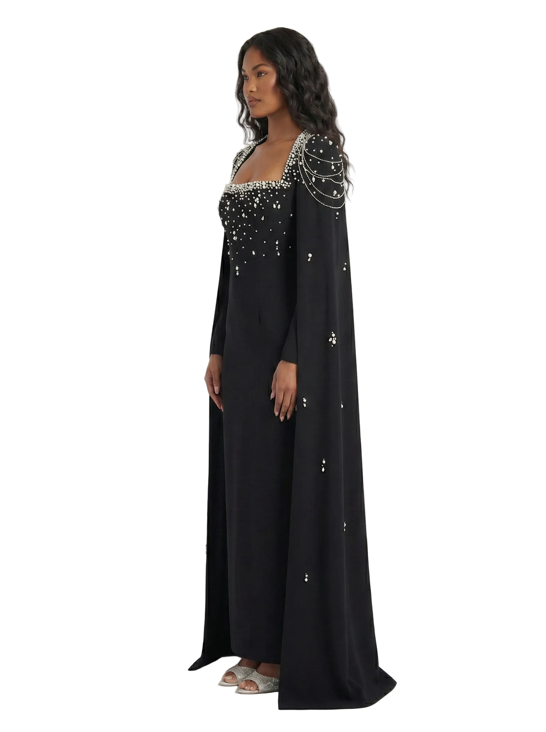LIKIA Luxury Black Maxi Dress with Crystal Embellishments & Cape