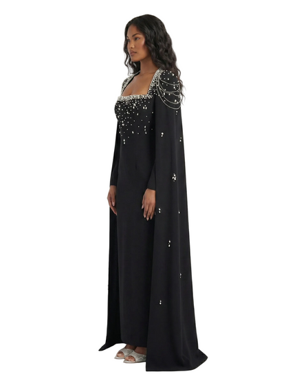 LIKIA Luxury Black Maxi Dress with Crystal Embellishments & Cape