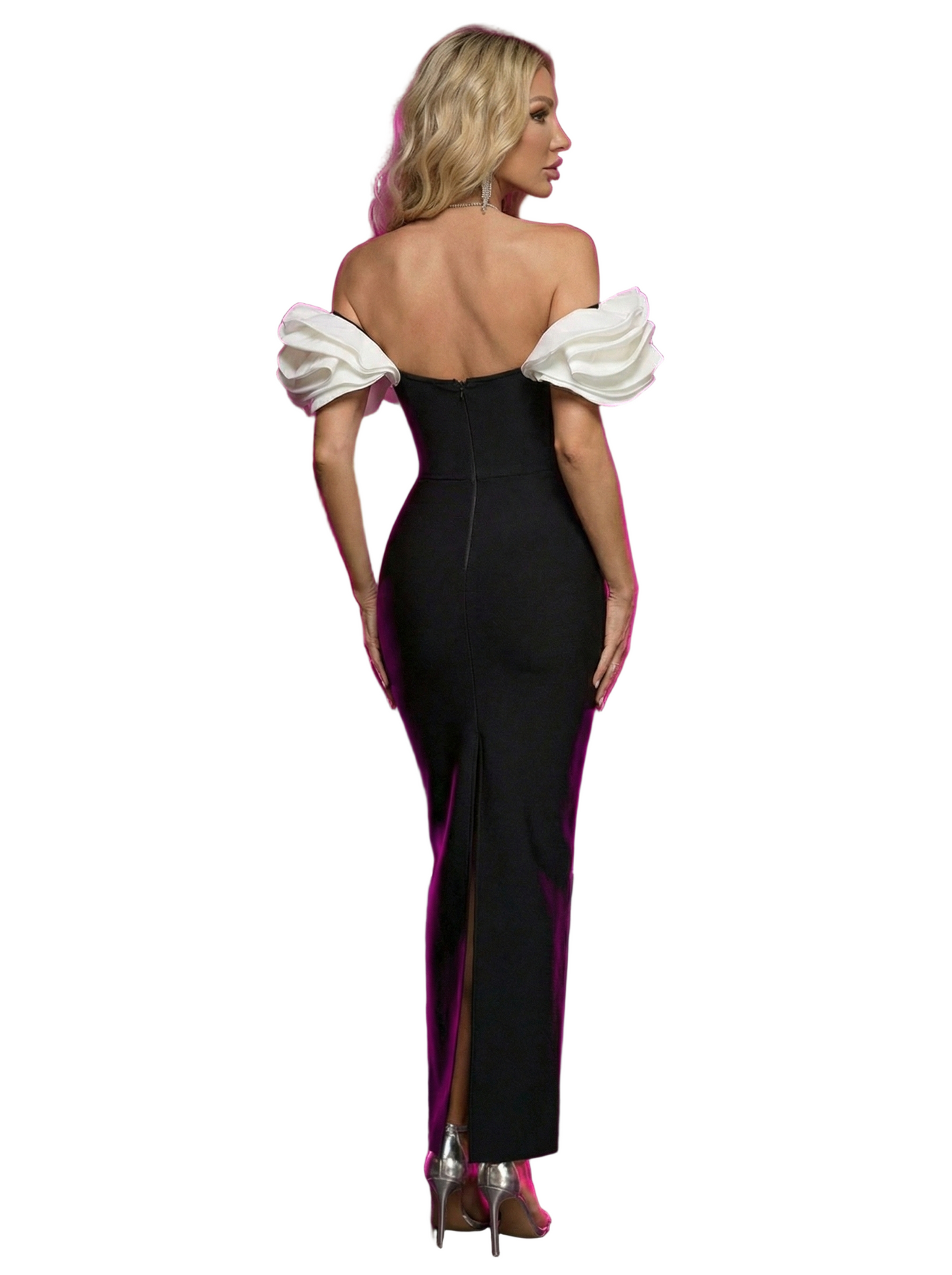 DENISA Ruffled Off Shoulder Crystal Maxi Bandage Dress