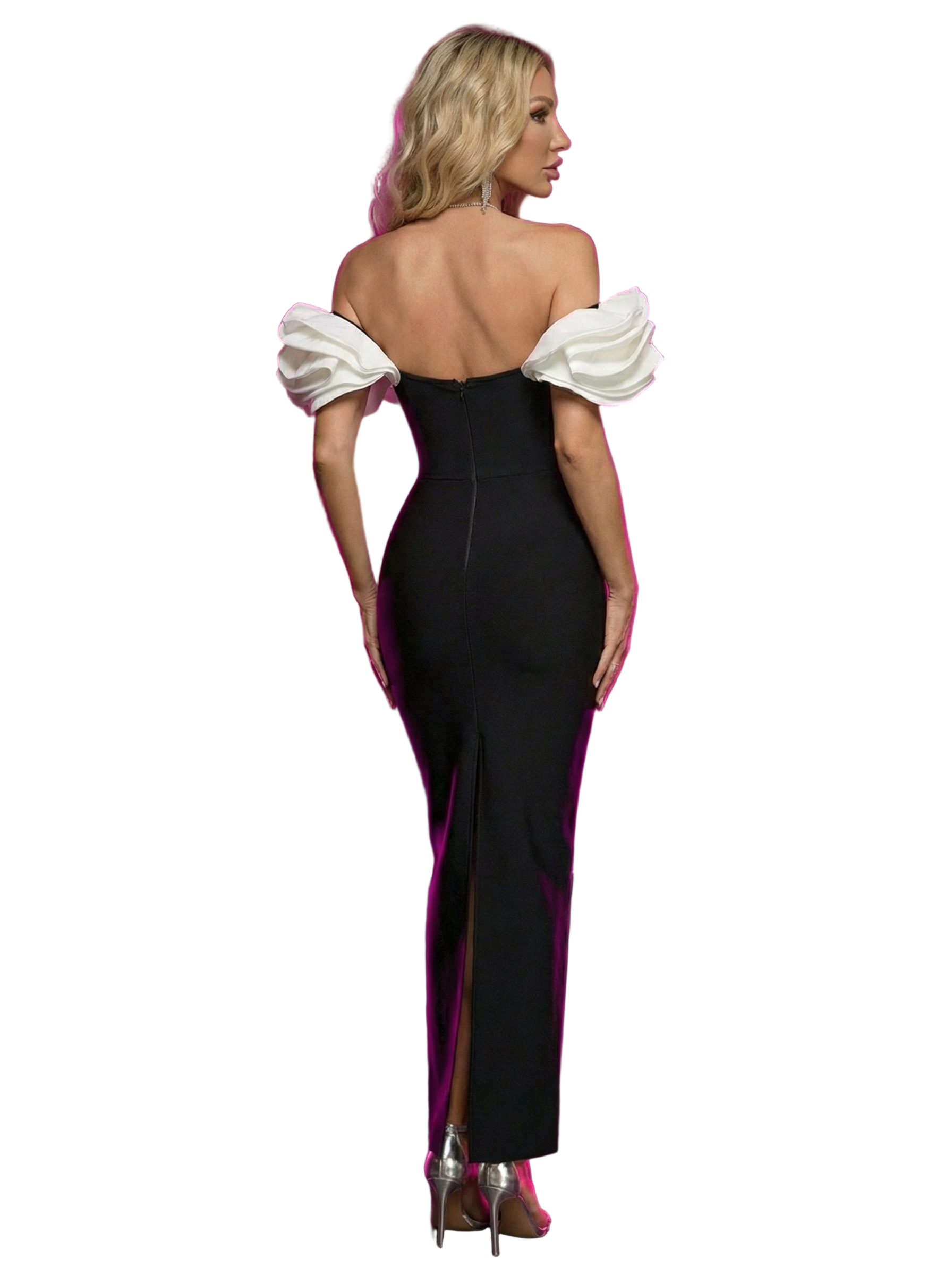 DENISA Ruffled Off Shoulder Crystal Maxi Bandage Dress