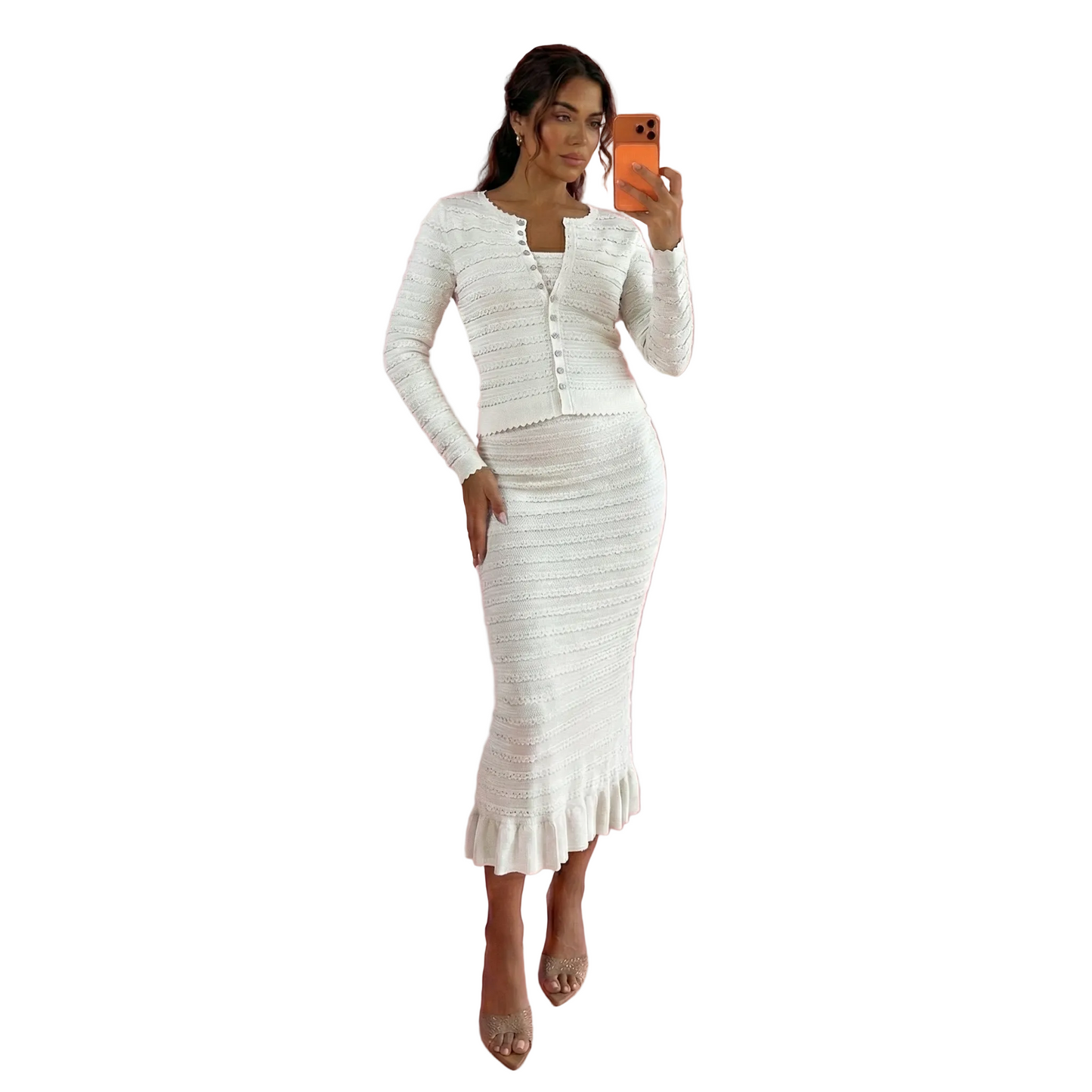 EDNA Knit Top and Cardigan with Midi Skirt Set WHITE