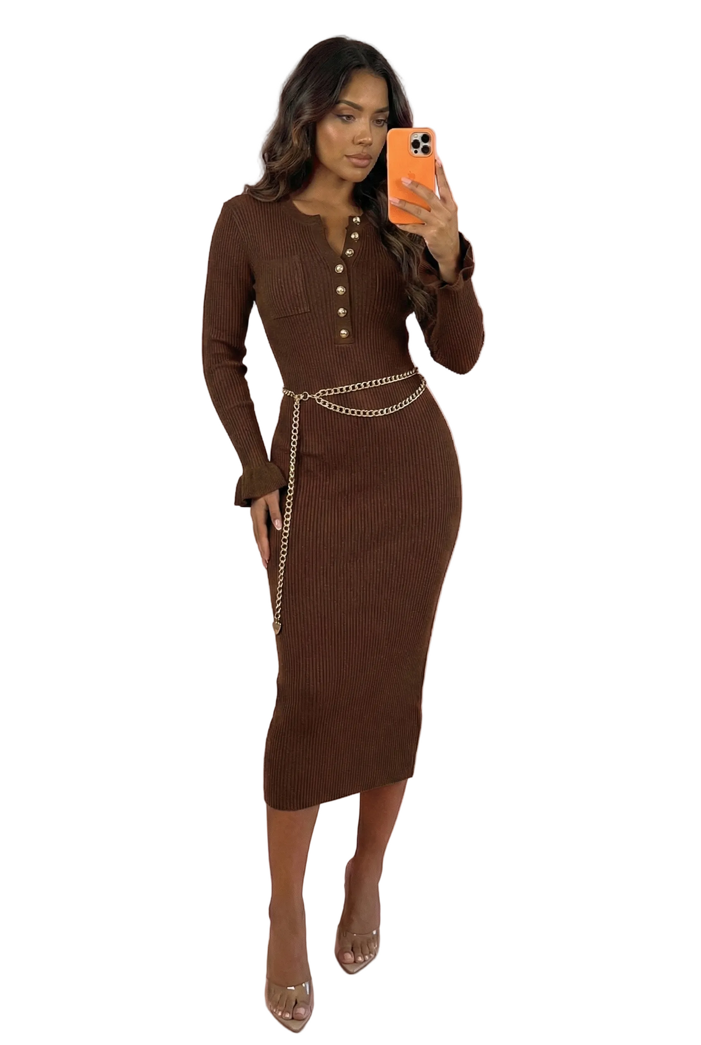 NAZARET Knit Long Sleeve Midi Bodycon Dress BROWN
