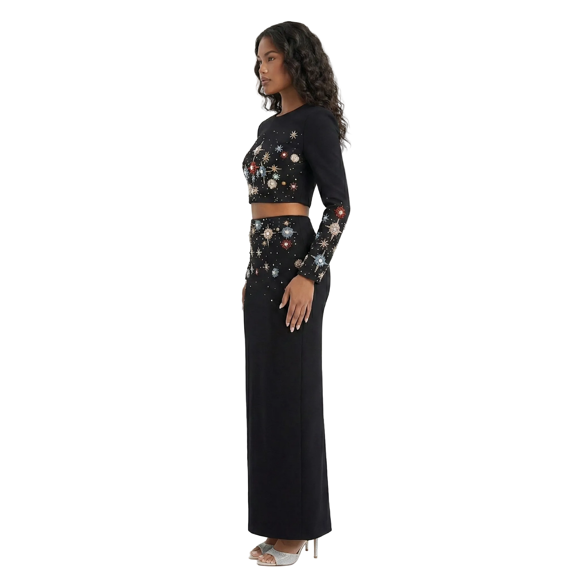JELLIE Crystals Applique Long Sleeve Maxi Skirt Set
