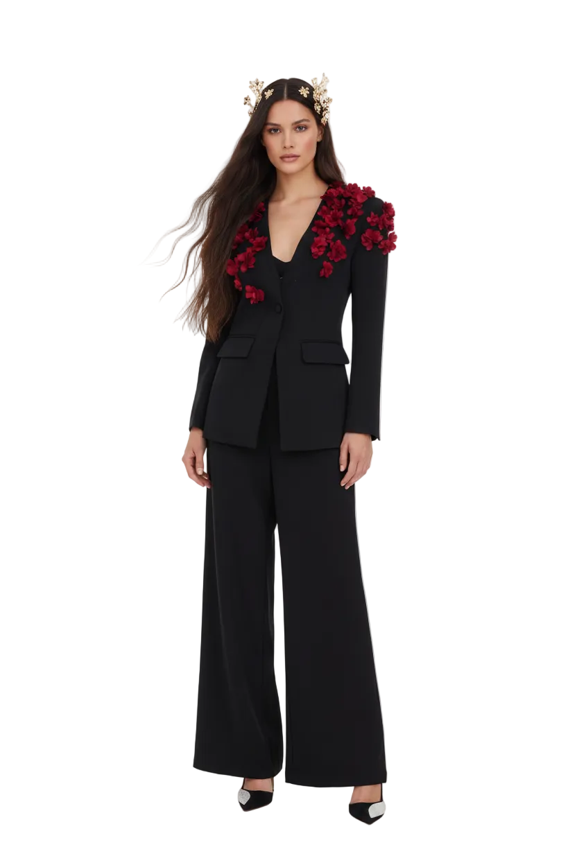 DORA Jacket & Wide-Leg Pants Set with Floral Appliqué BLACK