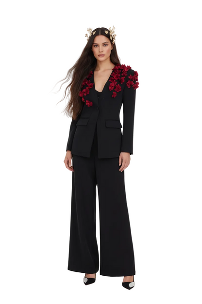 DORA Jacket & Wide-Leg Pants Set with Floral Appliqué BLACK