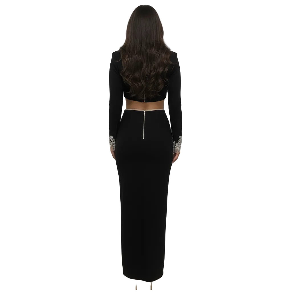 PINKAPPLE DRESSES TYLER Black Bandage Two-Piece Set with Crystal Embroidery
