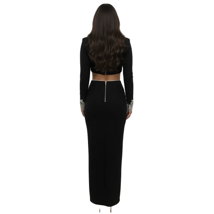 PINKAPPLE DRESSES TYLER Black Bandage Two-Piece Set with Crystal Embroidery