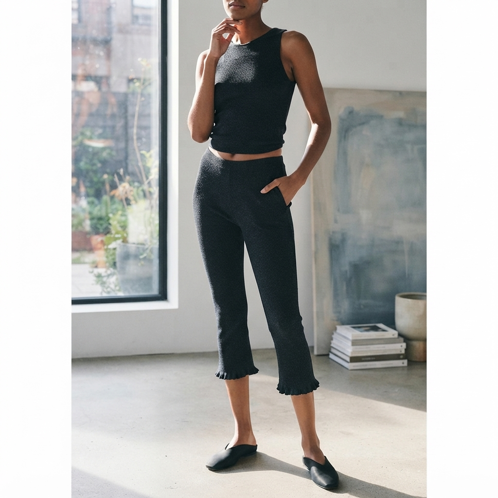 Women Vintage Capri Pants | Y2K | High Waist Trousers | Ruffled Hem