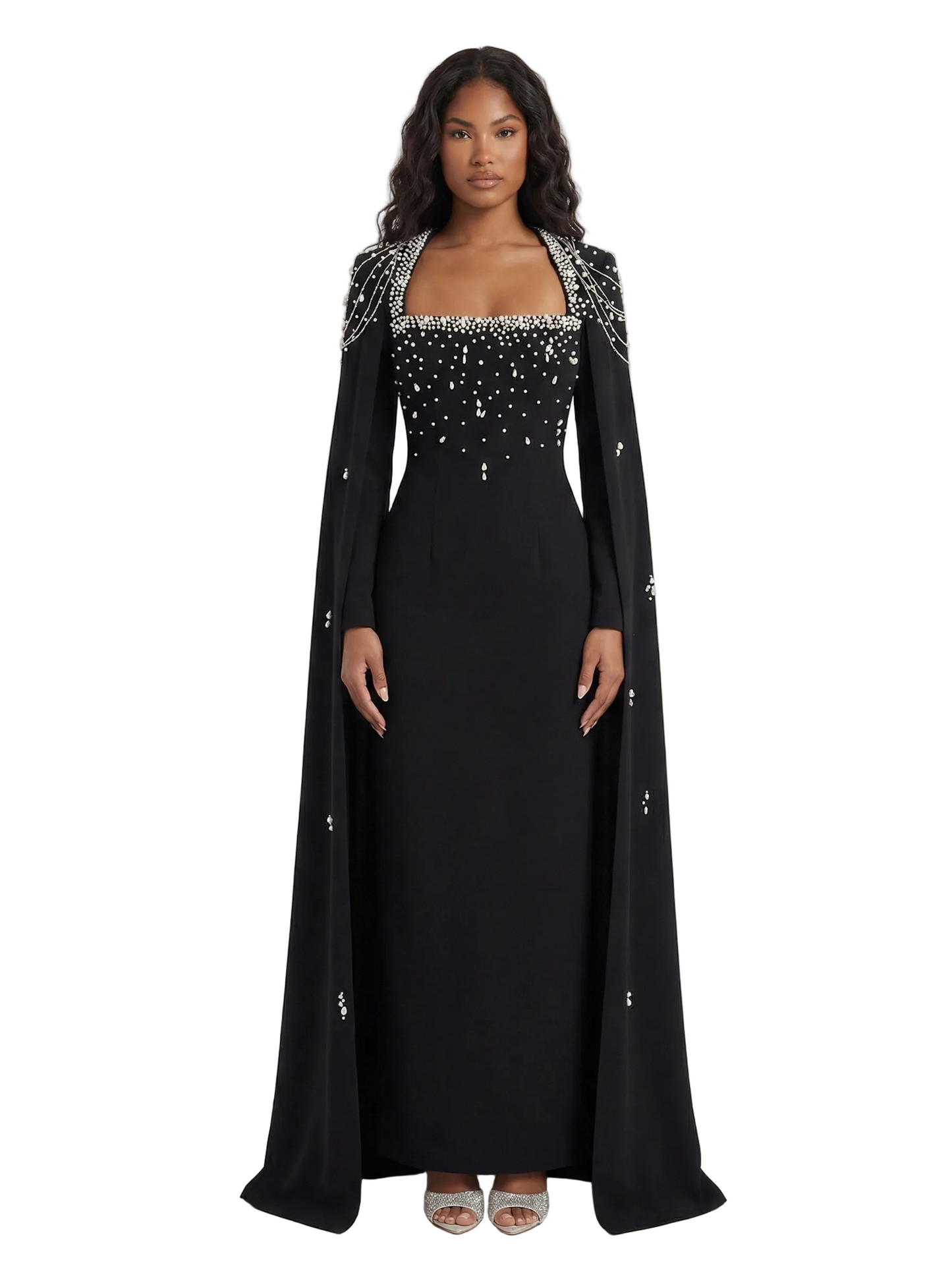 LIKIA Luxury Black Maxi Dress with Crystal Embellishments & Cape